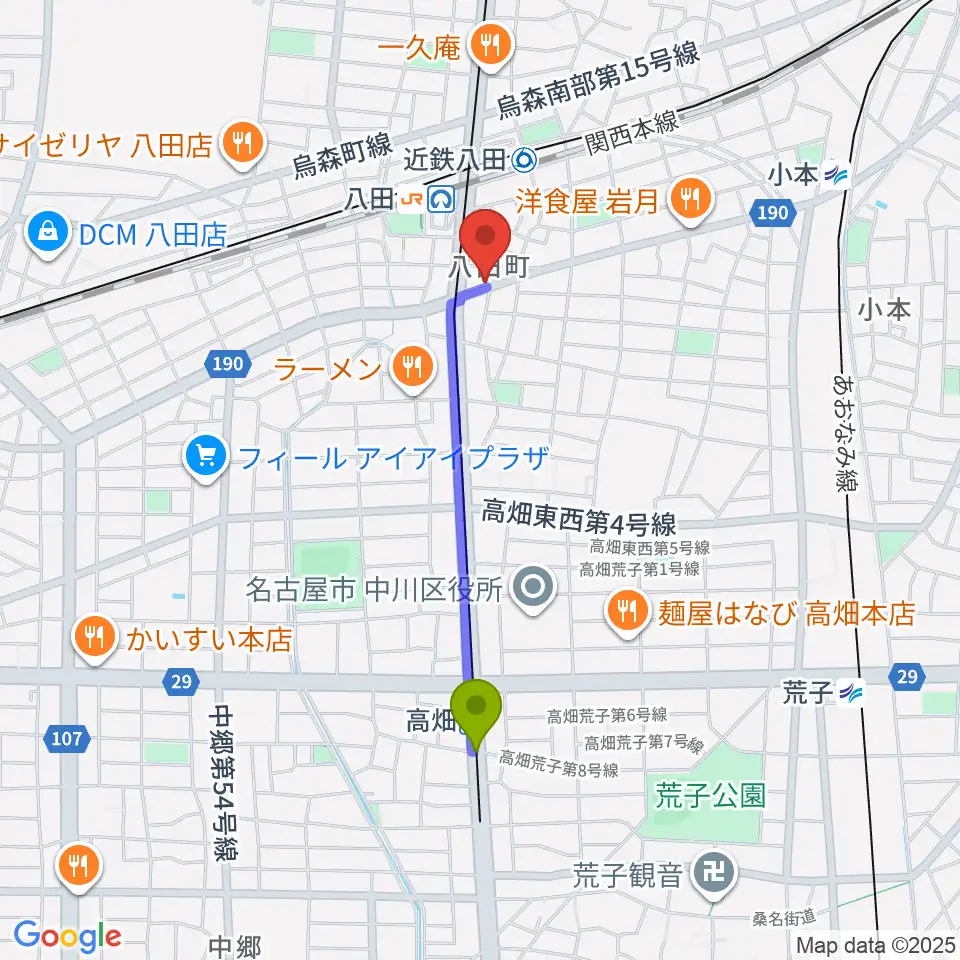 高畑駅から矢木楽器店 八田本店へのルートマップ地図