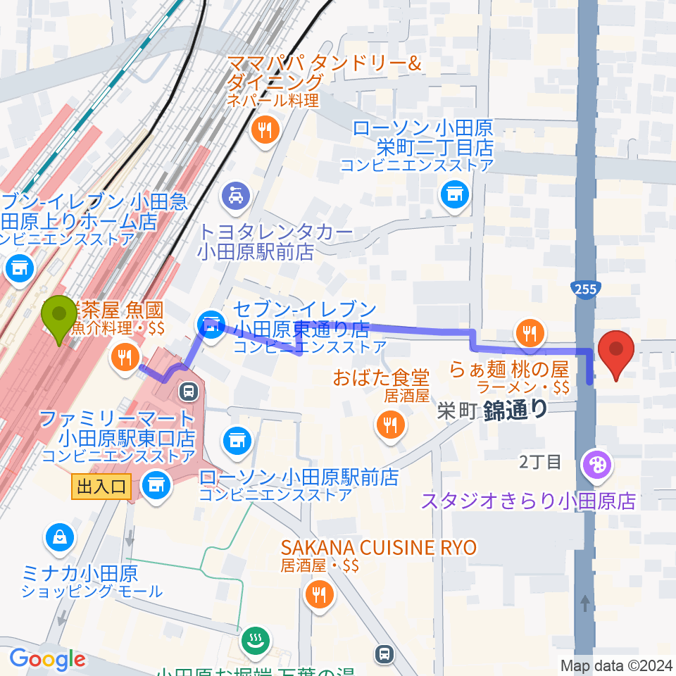 小田原駅から大村楽器店リベルテ大村へのルートマップ地図