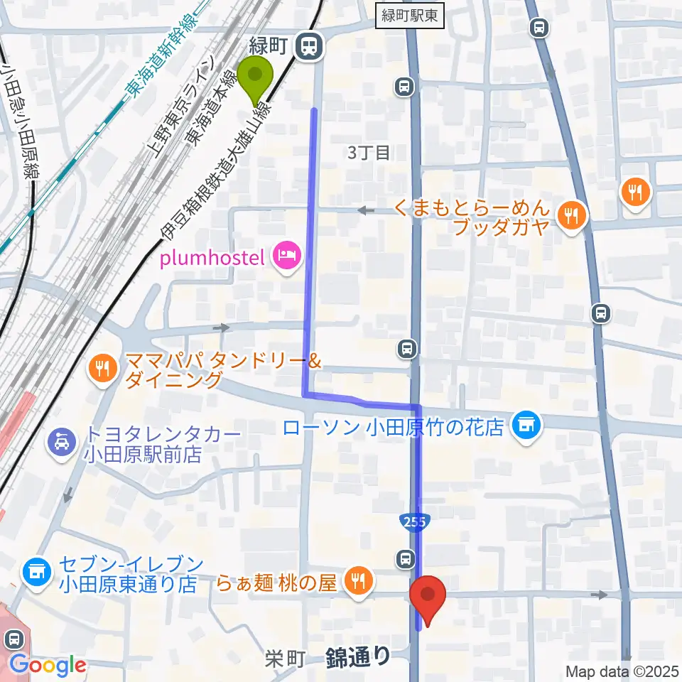 緑町駅から大村楽器店リベルテ大村へのルートマップ地図