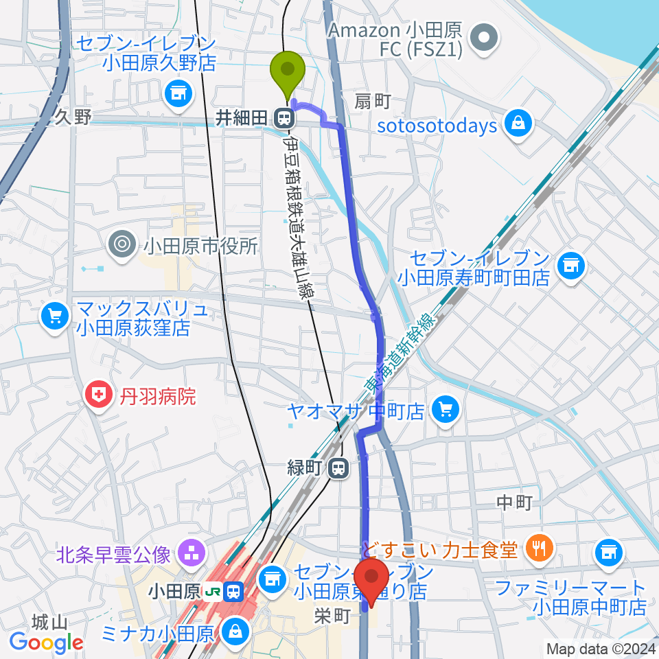 井細田駅から大村楽器店リベルテ大村へのルートマップ地図