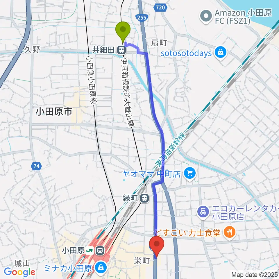 井細田駅から大村楽器店リベルテ大村へのルートマップ地図
