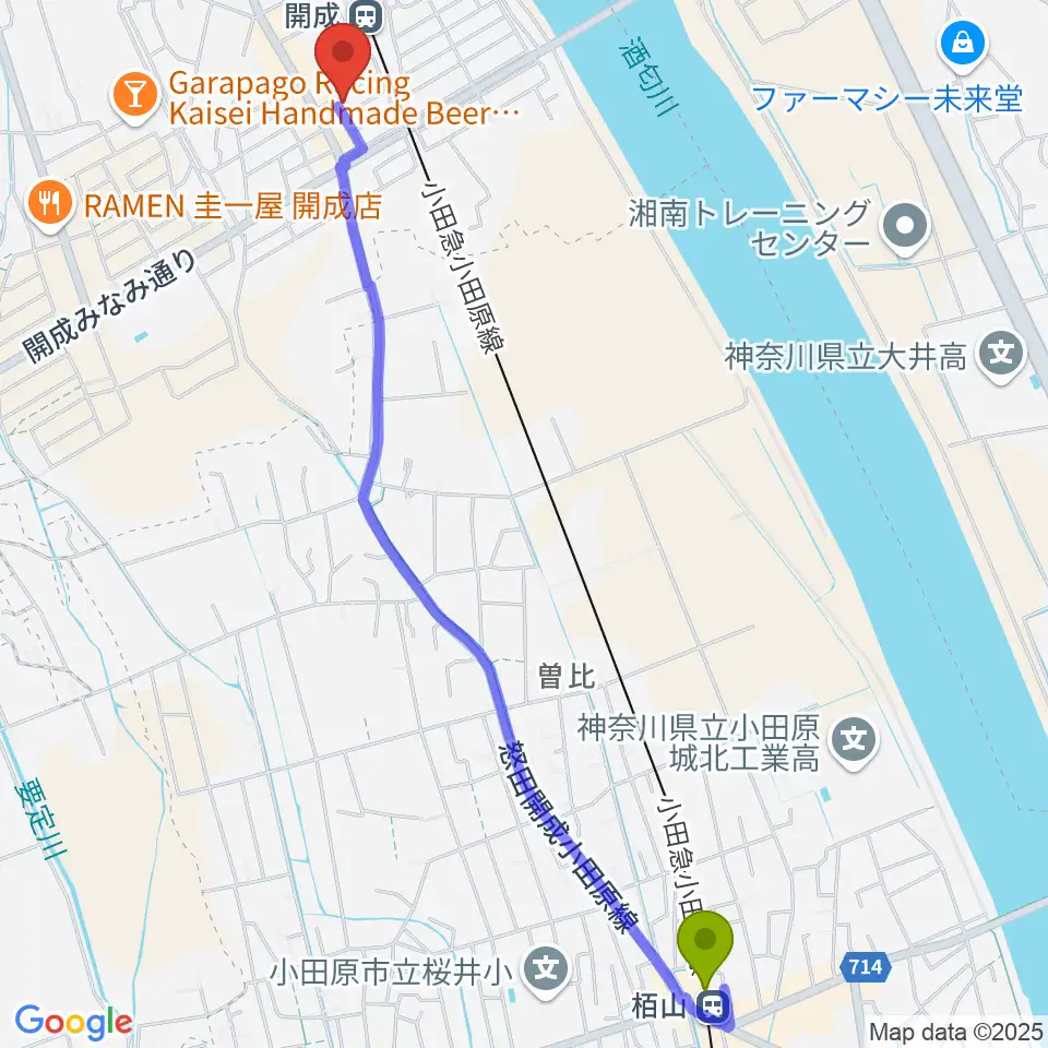 栢山駅から大村楽器店 足柄営業所へのルートマップ地図