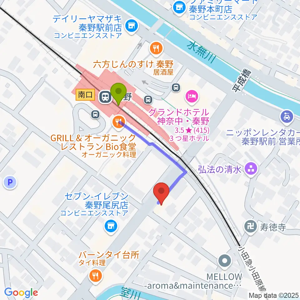 大村楽器店 秦野店の最寄駅秦野駅からの徒歩ルート（約3分）地図