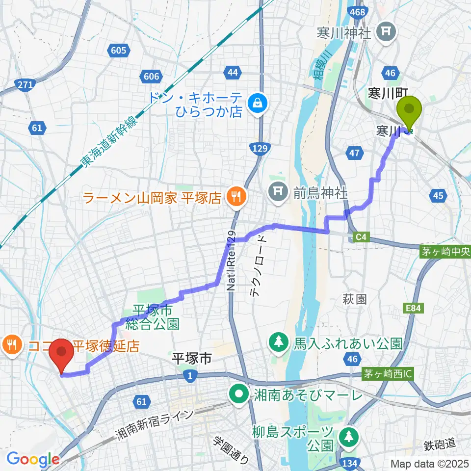寒川駅から大村楽器店 平塚店へのルートマップ地図