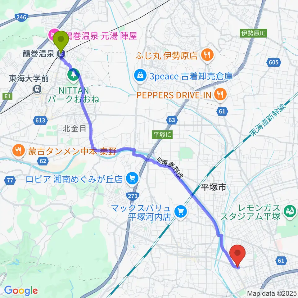 鶴巻温泉駅から大村楽器店 平塚店へのルートマップ地図