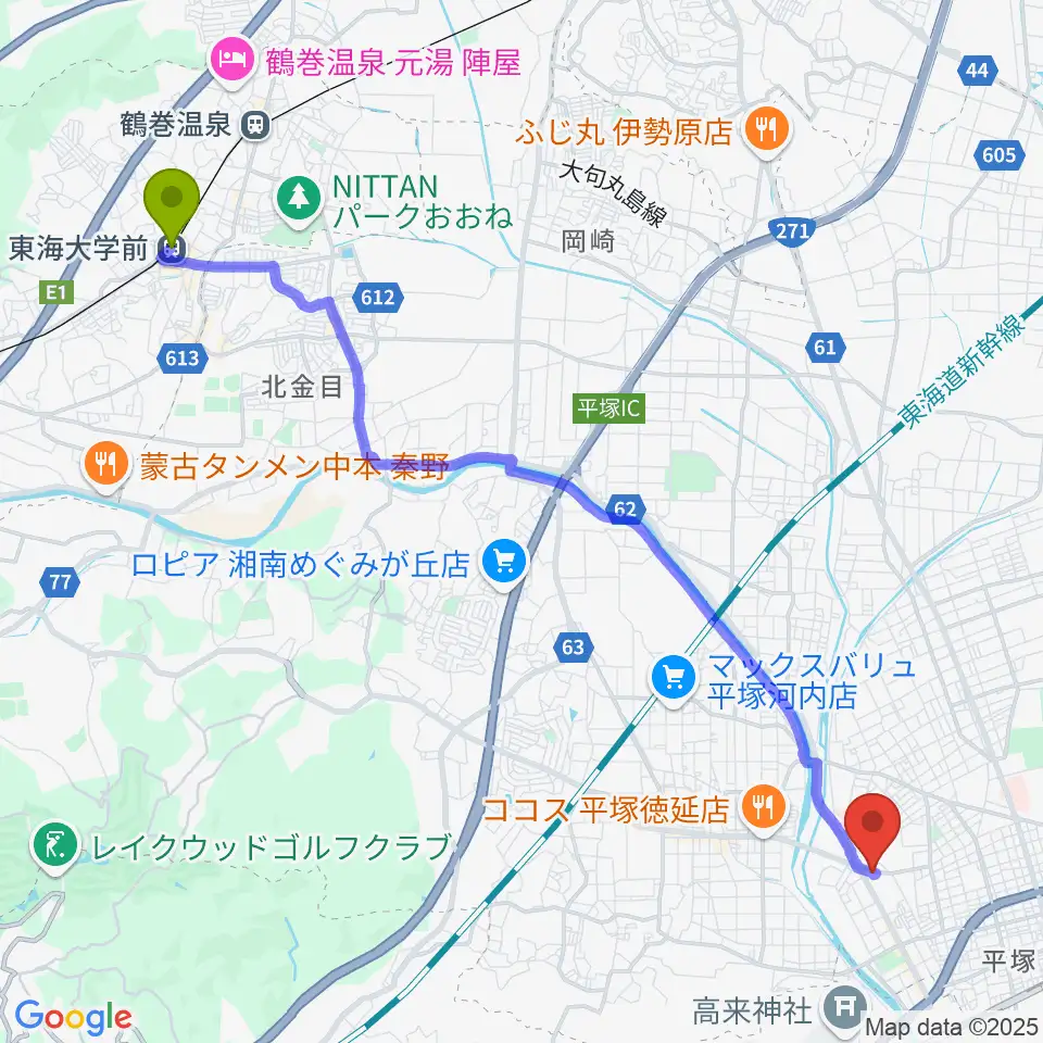 東海大学前駅から大村楽器店 平塚店へのルートマップ地図