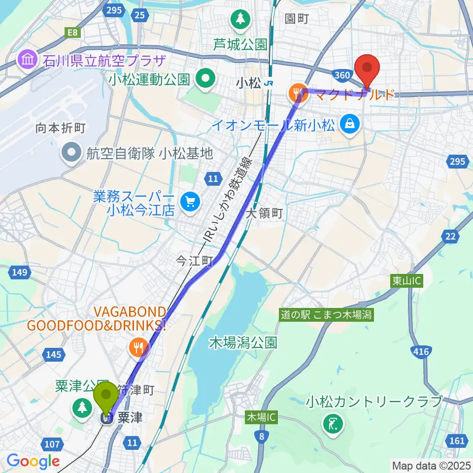 粟津駅から山屋楽器へのルートマップ地図