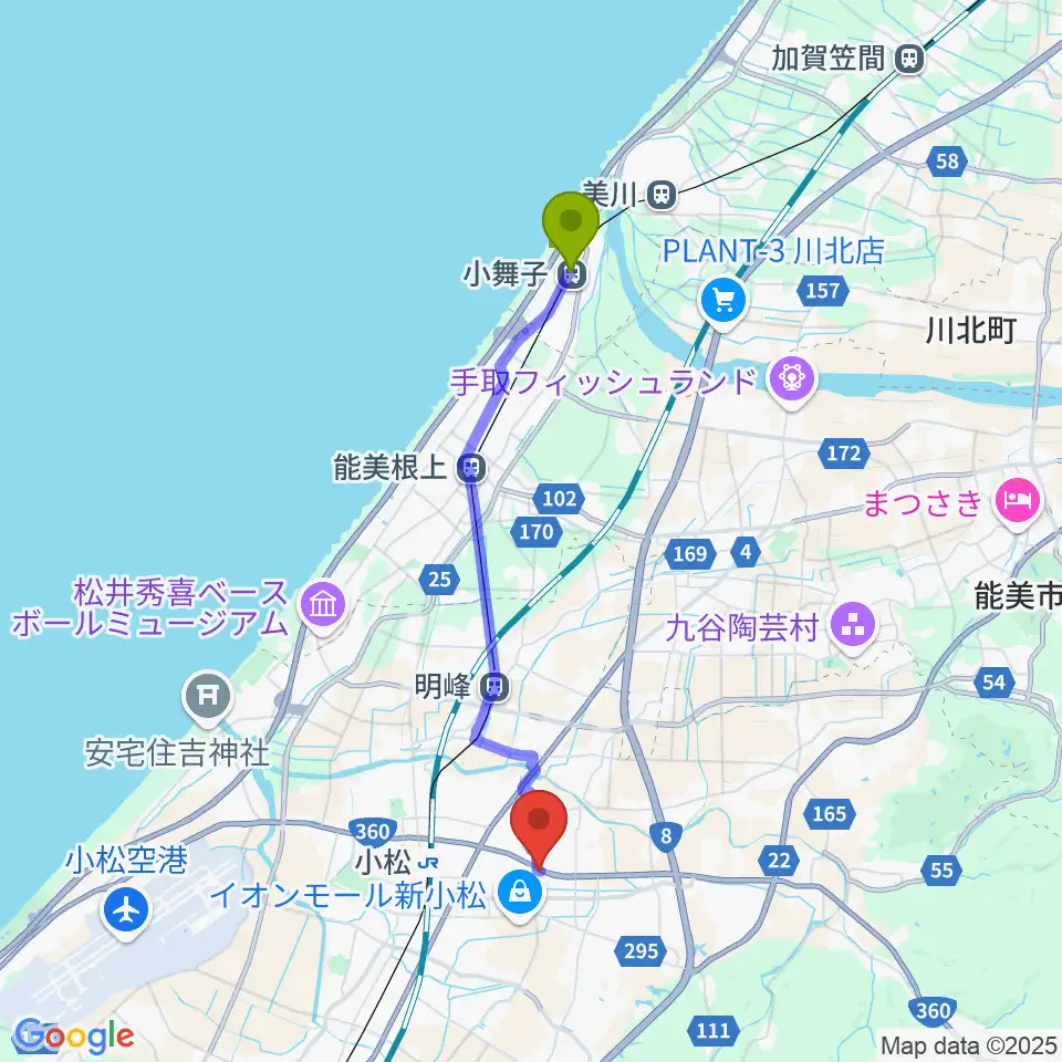 小舞子駅から山屋楽器へのルートマップ地図