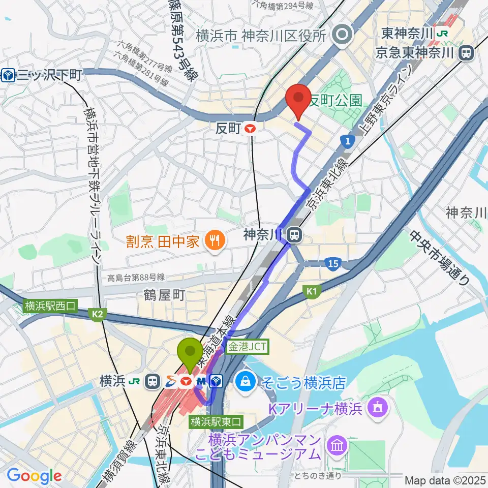 横浜駅から横浜日本屋楽器へのルートマップ地図