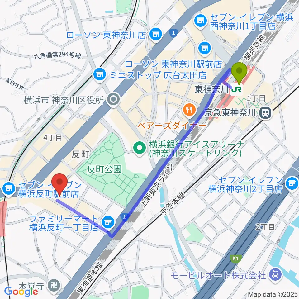 東神奈川駅から横浜日本屋楽器へのルートマップ地図