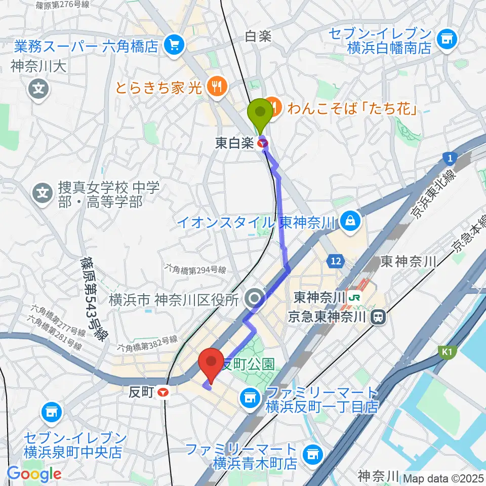 東白楽駅から横浜日本屋楽器へのルートマップ地図