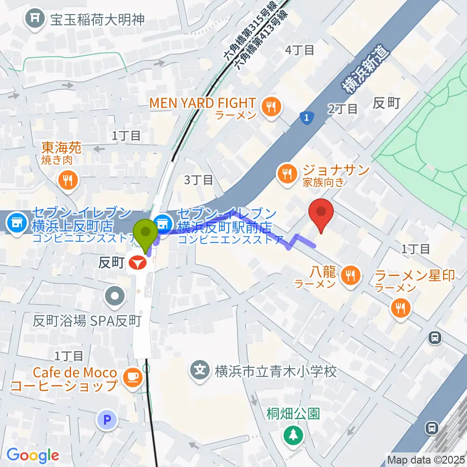 横浜日本屋楽器の最寄駅反町駅からの徒歩ルート（約3分）地図