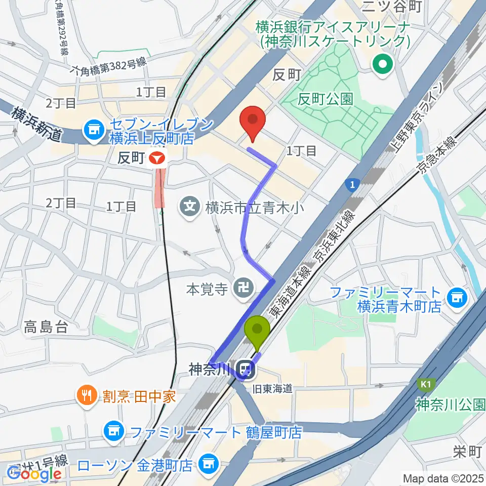 神奈川駅から横浜日本屋楽器へのルートマップ地図