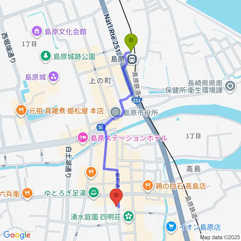 島原駅から横浜屋へのルートマップ地図