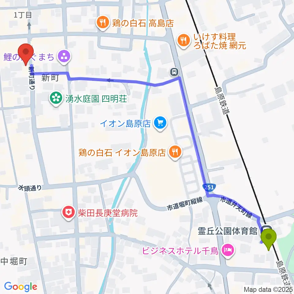 横浜屋の最寄駅霊丘公園体育館駅からの徒歩ルート（約8分）地図