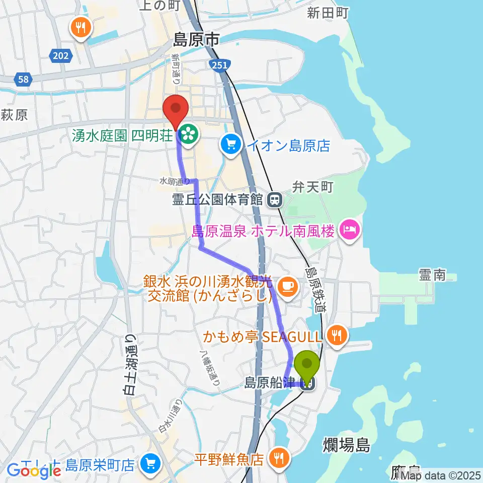 島原船津駅から横浜屋へのルートマップ地図