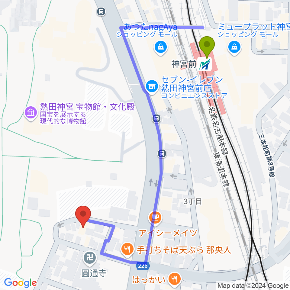 神宮前駅からヨモギヤ楽器 神宮前本店へのルートマップ地図