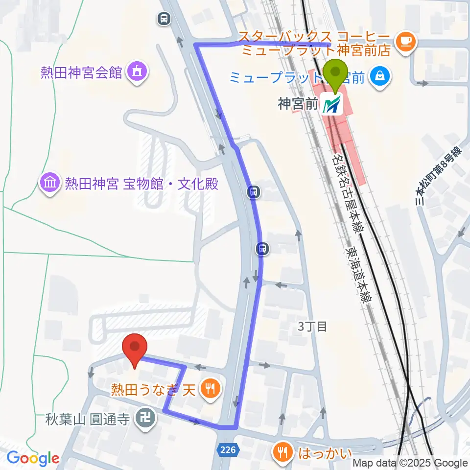 神宮前駅からヨモギヤ楽器 神宮前本店へのルートマップ地図