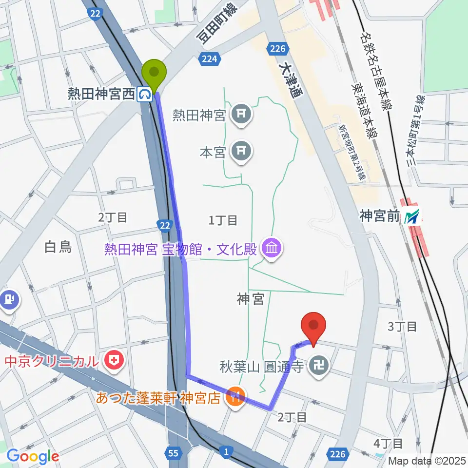 神宮西駅からヨモギヤ楽器 神宮前本店へのルートマップ地図