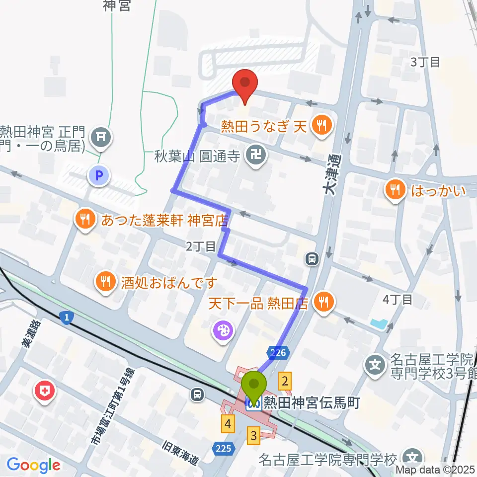 ヨモギヤ楽器 神宮前本店の最寄駅伝馬町駅からの徒歩ルート（約5分）地図