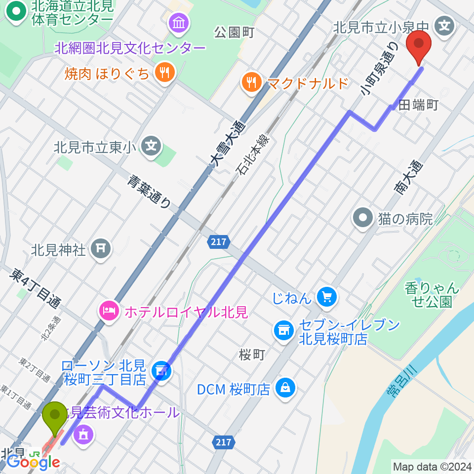 北見駅からYuary Guitarsへのルートマップ地図