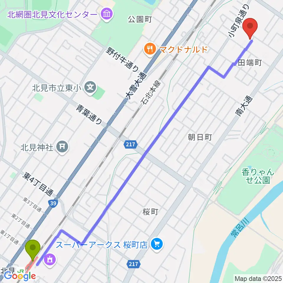 北見駅からYuary Guitarsへのルートマップ地図