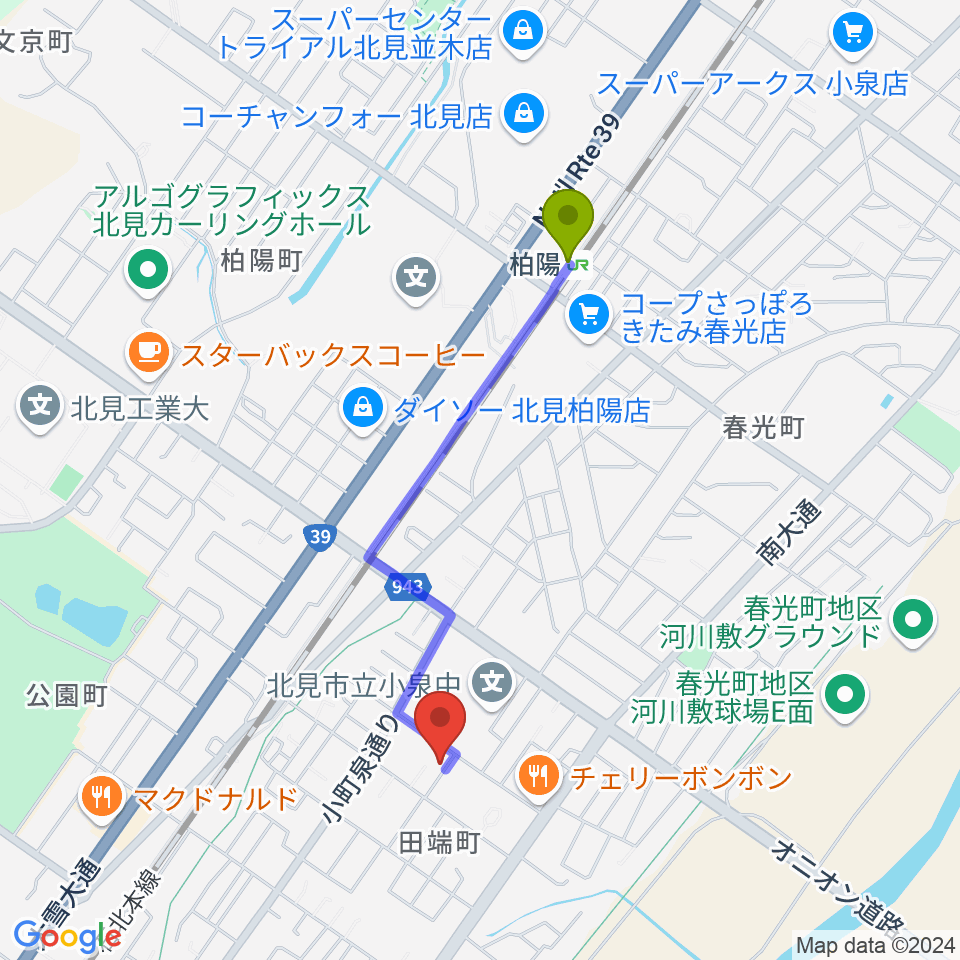 Yuary Guitarsの最寄駅柏陽駅からの徒歩ルート（約15分）地図