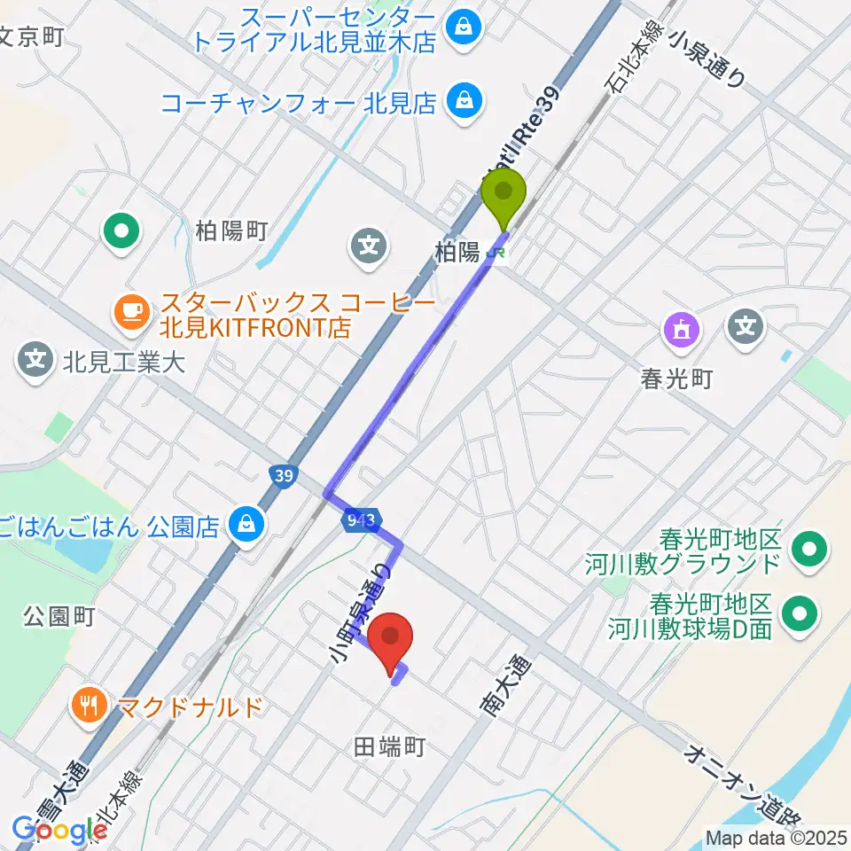 Yuary Guitarsの最寄駅柏陽駅からの徒歩ルート（約15分）地図
