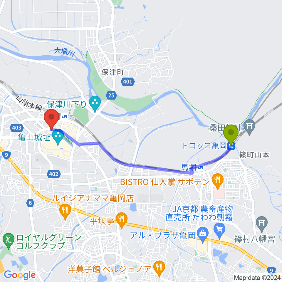 トロッコ亀岡駅から湯浅楽器・ミュージックパフェへのルートマップ地図