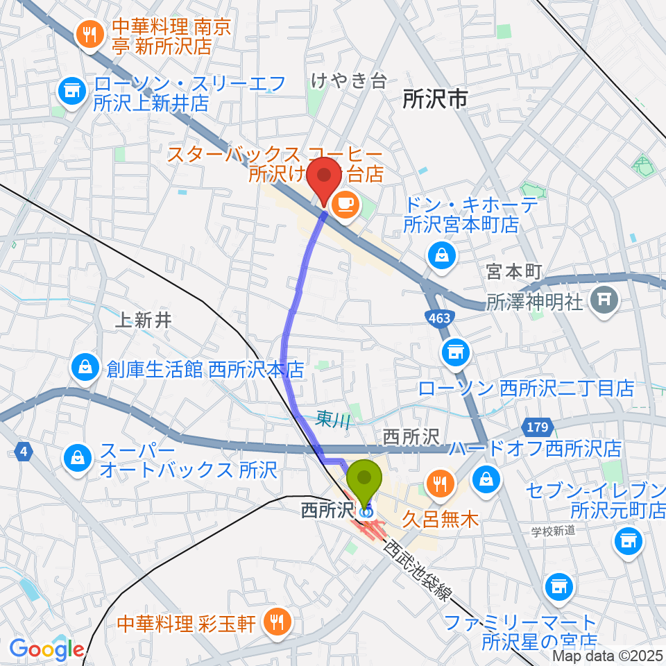 中冨管楽器工房の最寄駅西所沢駅からの徒歩ルート（約14分）地図