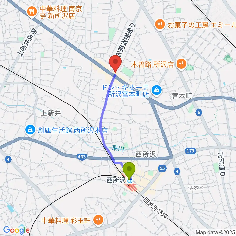 中冨管楽器工房の最寄駅西所沢駅からの徒歩ルート（約14分）地図
