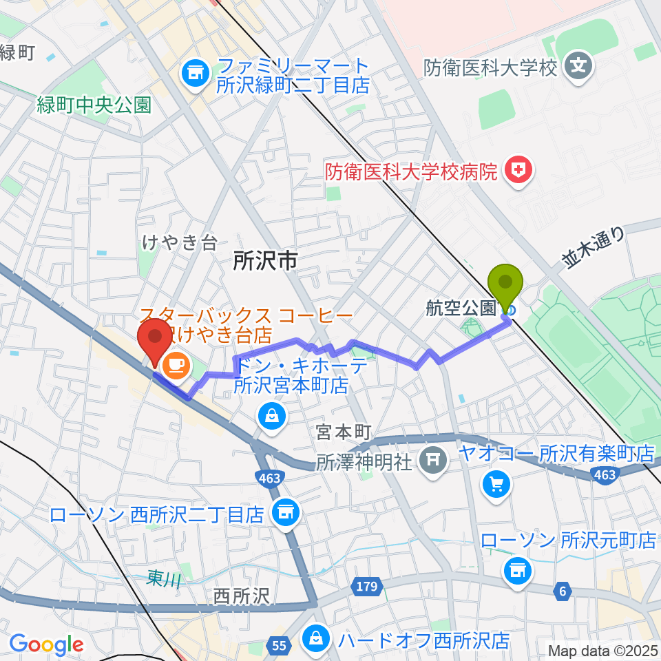 航空公園駅から中冨管楽器工房へのルートマップ地図