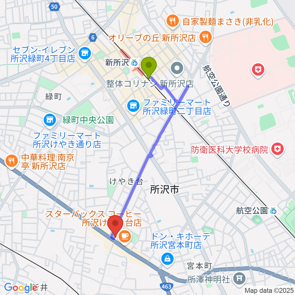 新所沢駅から中冨管楽器工房へのルートマップ地図