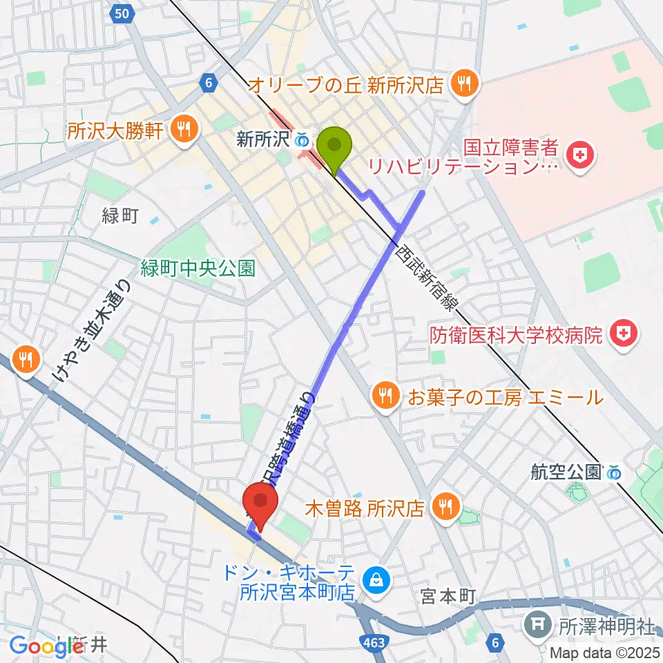 新所沢駅から中冨管楽器工房へのルートマップ地図
