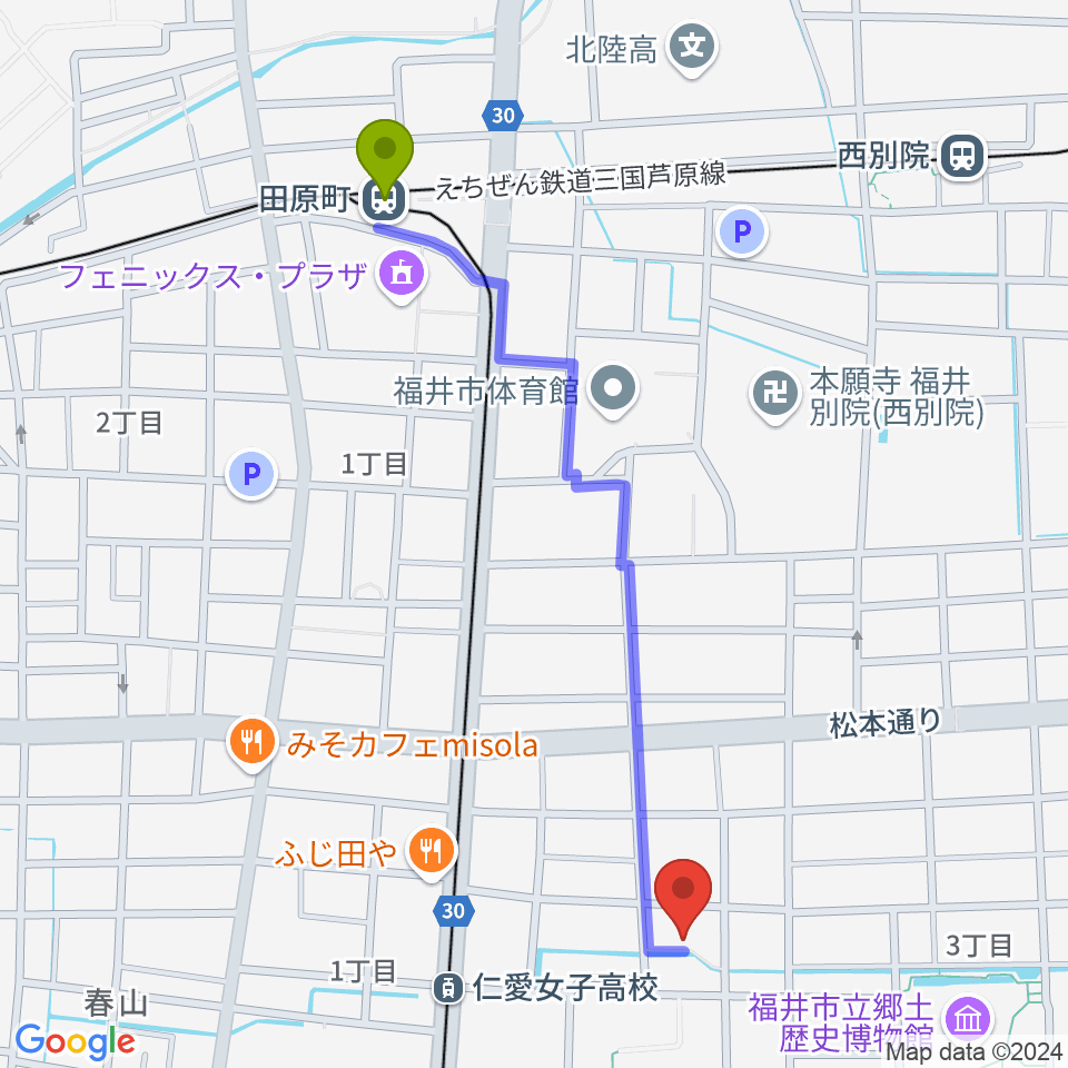 田原町駅から片山ピアノ調律所へのルートマップ地図