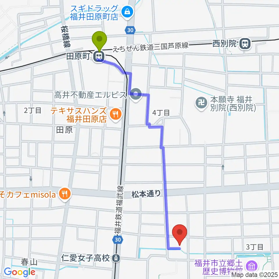 田原町駅から片山ピアノ調律所へのルートマップ地図