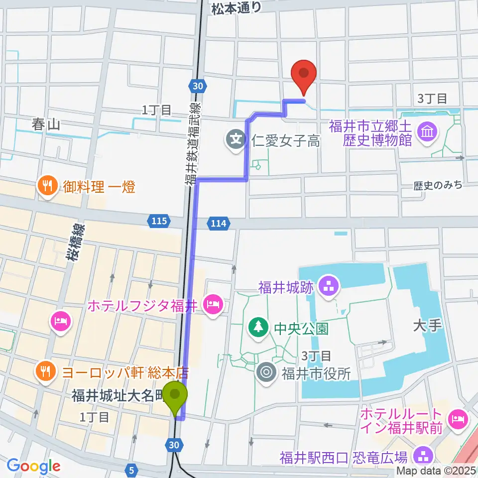 福井城址大名町駅から片山ピアノ調律所へのルートマップ地図