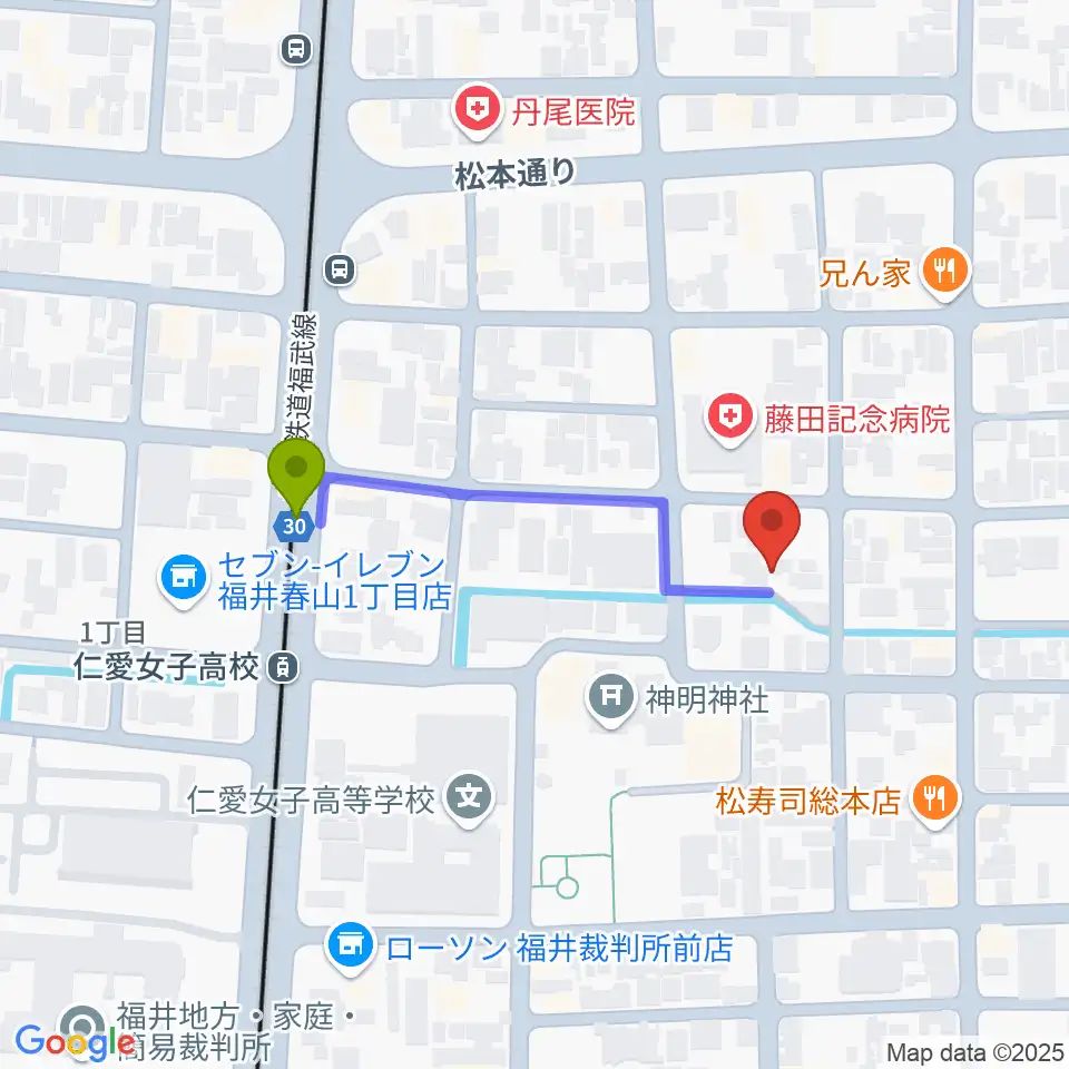 片山ピアノ調律所の最寄駅仁愛女子高校駅からの徒歩ルート（約3分）地図