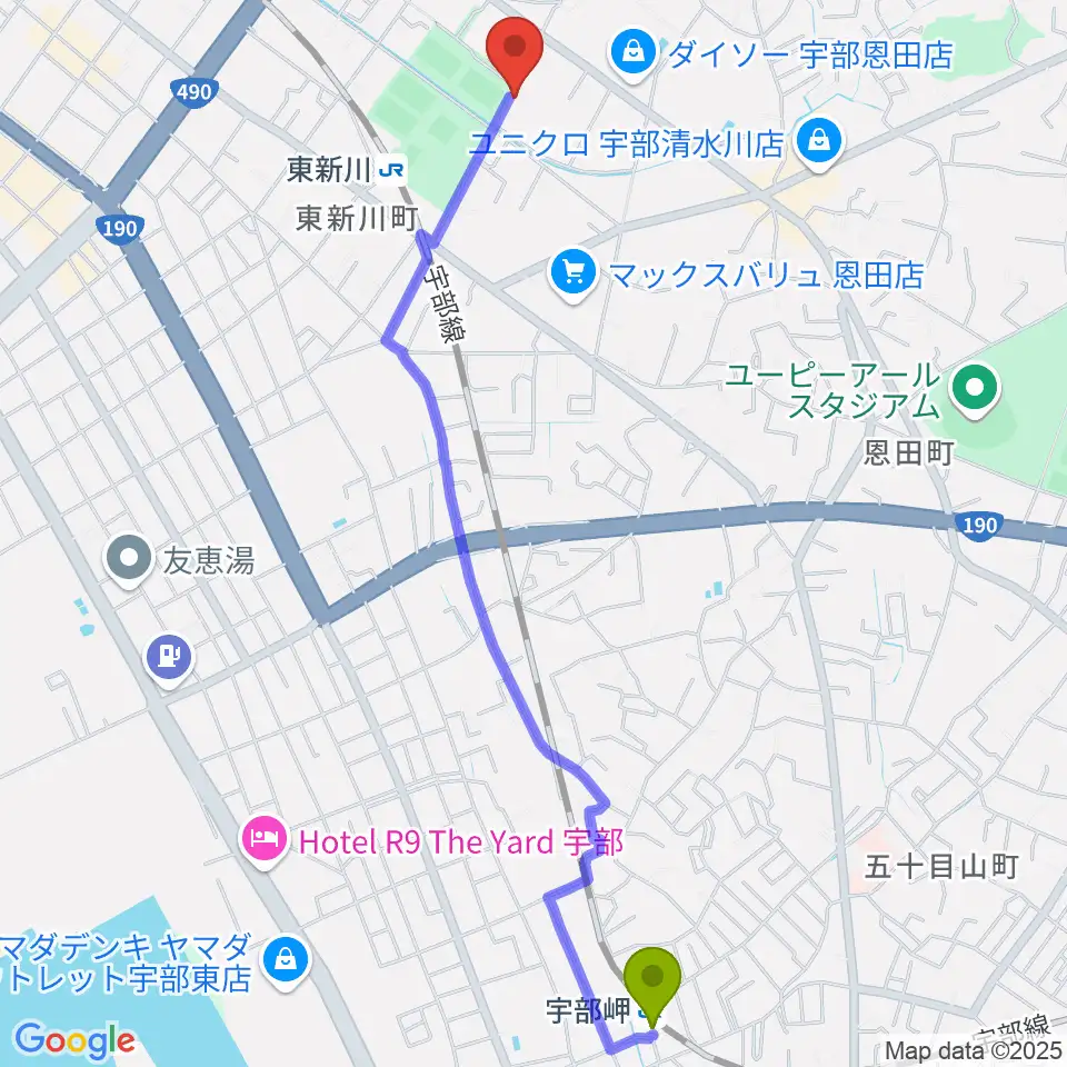 宇部岬駅からイトオ楽器店へのルートマップ地図