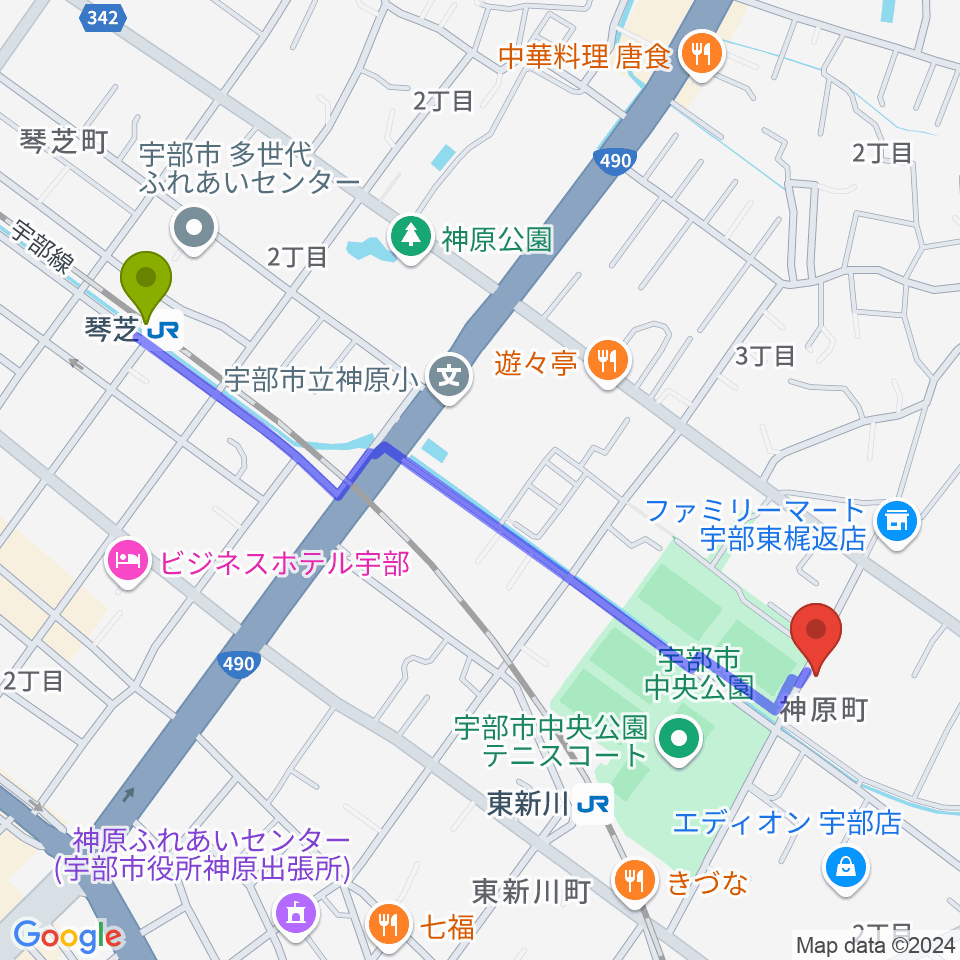 琴芝駅からイトオ楽器店へのルートマップ地図