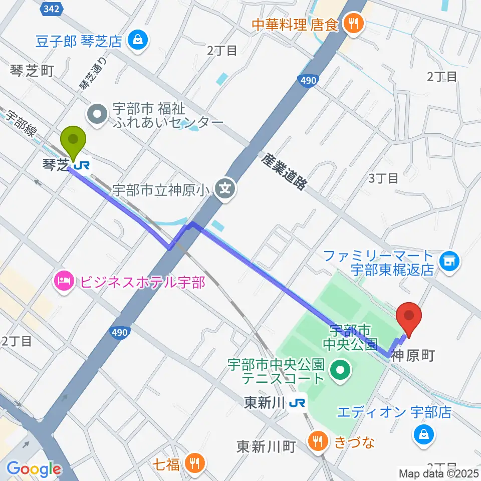 琴芝駅からイトオ楽器店へのルートマップ地図