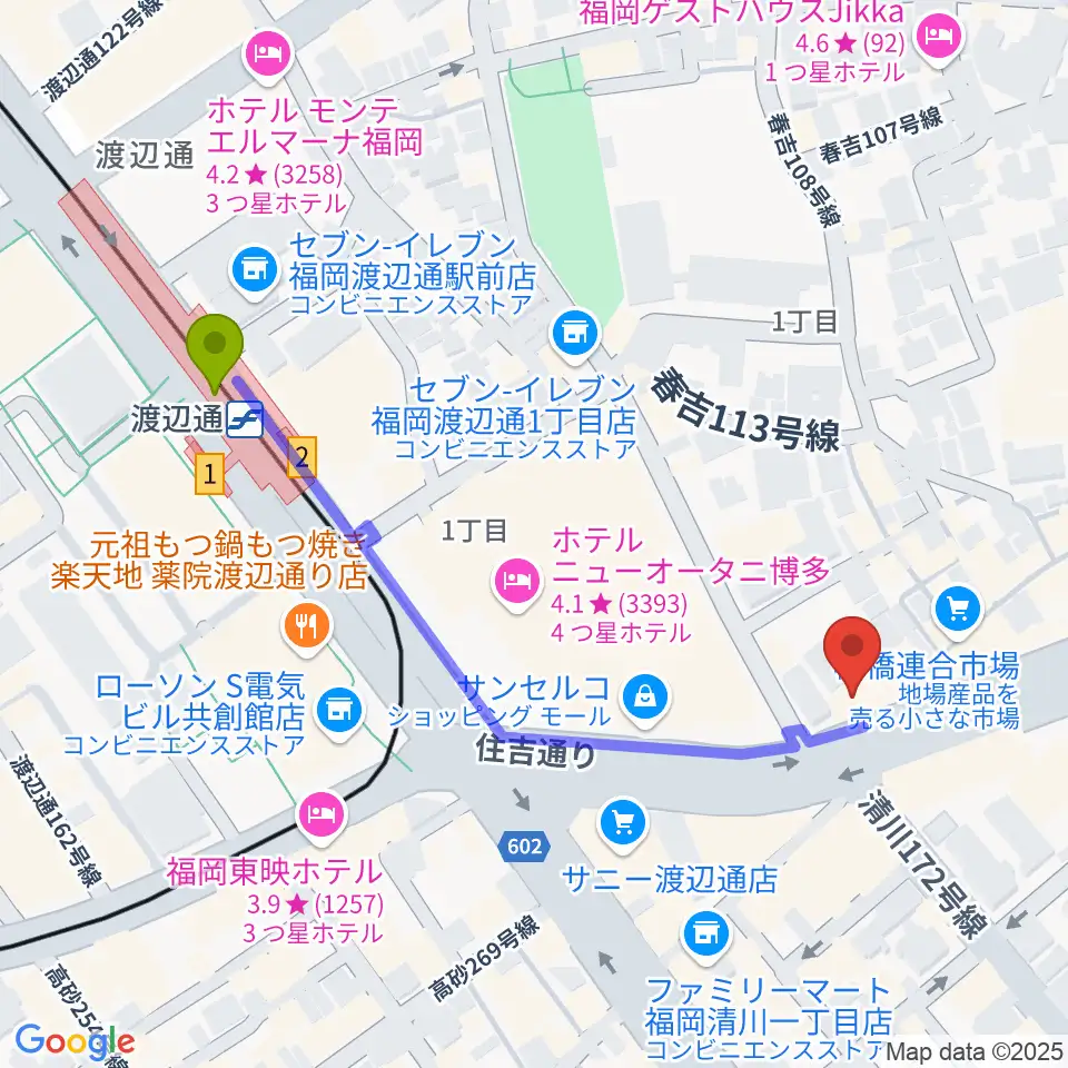 ファインギターズの最寄駅渡辺通駅からの徒歩ルート（約5分）地図