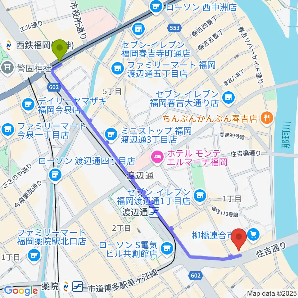天神南駅からファインギターズへのルートマップ地図
