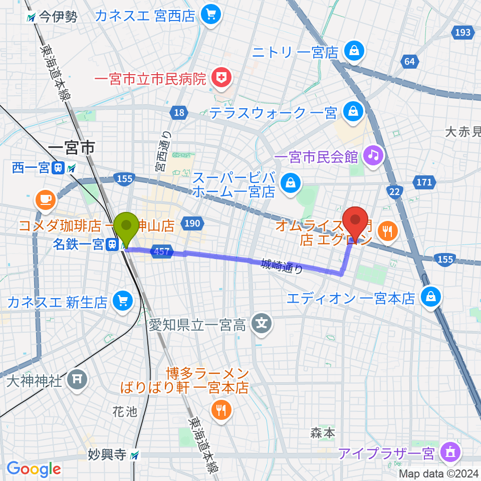 大森楽器の最寄駅尾張一宮駅からの徒歩ルート（約30分）地図