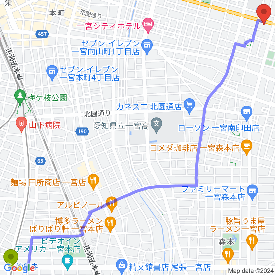妙興寺駅から大森楽器へのルートマップ地図