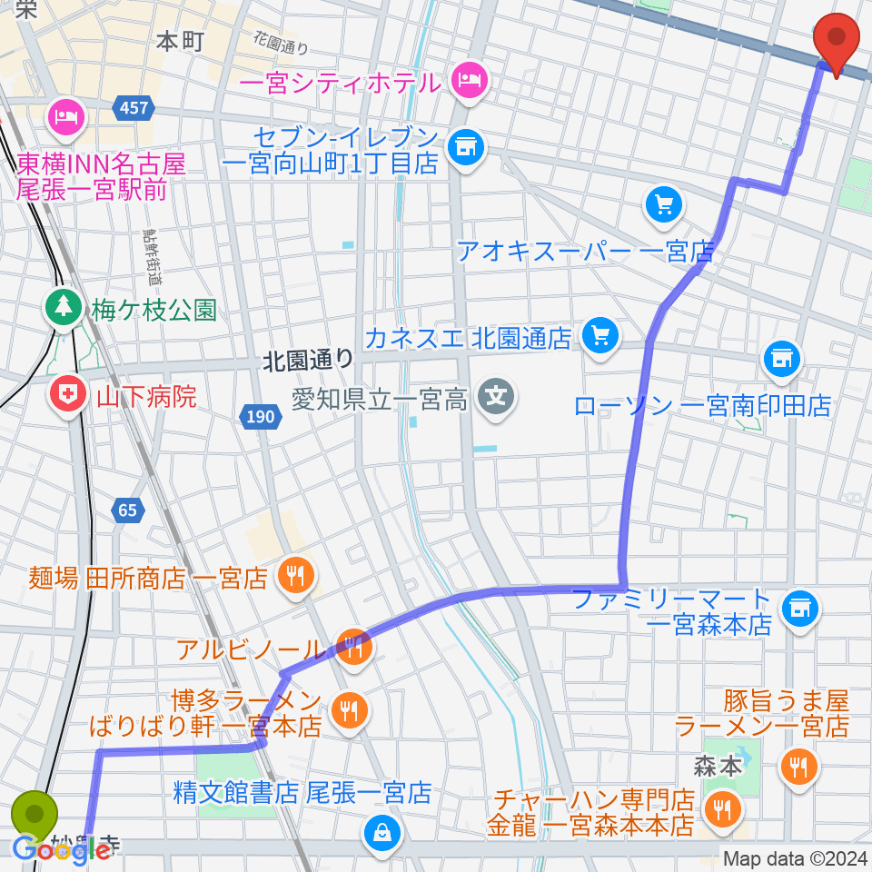 妙興寺駅から大森楽器へのルートマップ地図