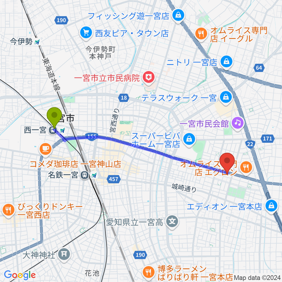 西一宮駅から大森楽器へのルートマップ地図