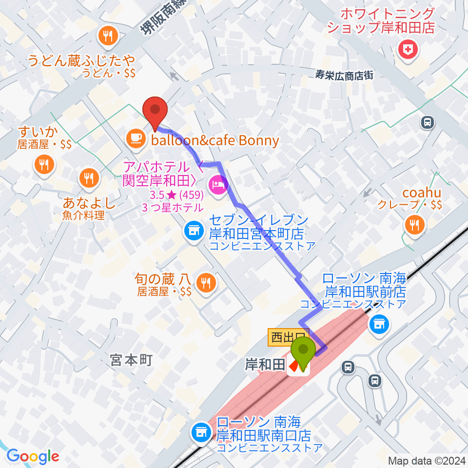 ウクレレショップ オハナの最寄駅岸和田駅からの徒歩ルート（約5分）地図