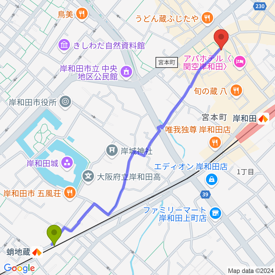 蛸地蔵駅からウクレレショップ オハナへのルートマップ地図