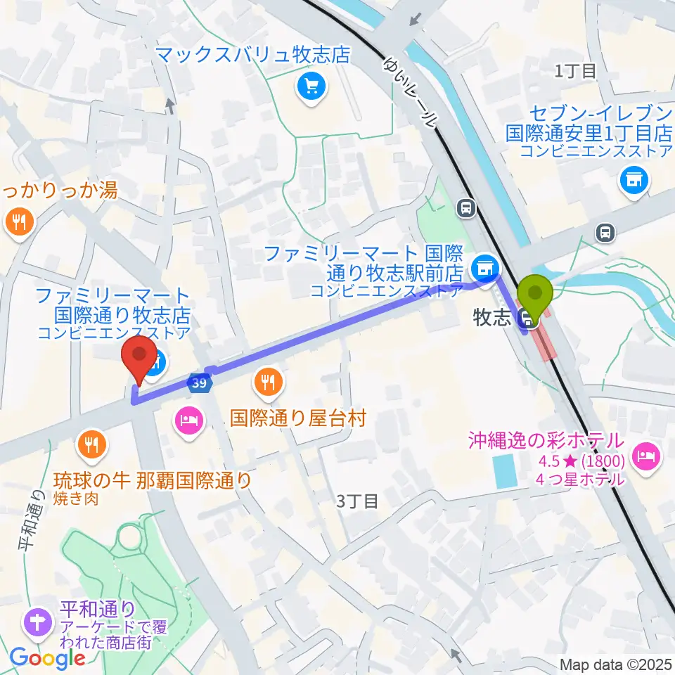 丸高楽器店の最寄駅牧志駅からの徒歩ルート（約5分）地図